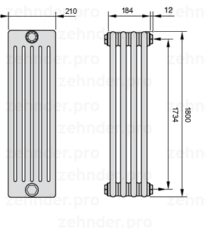 Схема (чертеж) Радиатор Zehnder Charleston 6180/4 №7610 Белый глянцевый RAL 9016